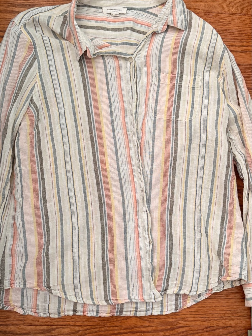 beachlunchlounge Striped Button-Down Shirt in Cream, Pink & Gray